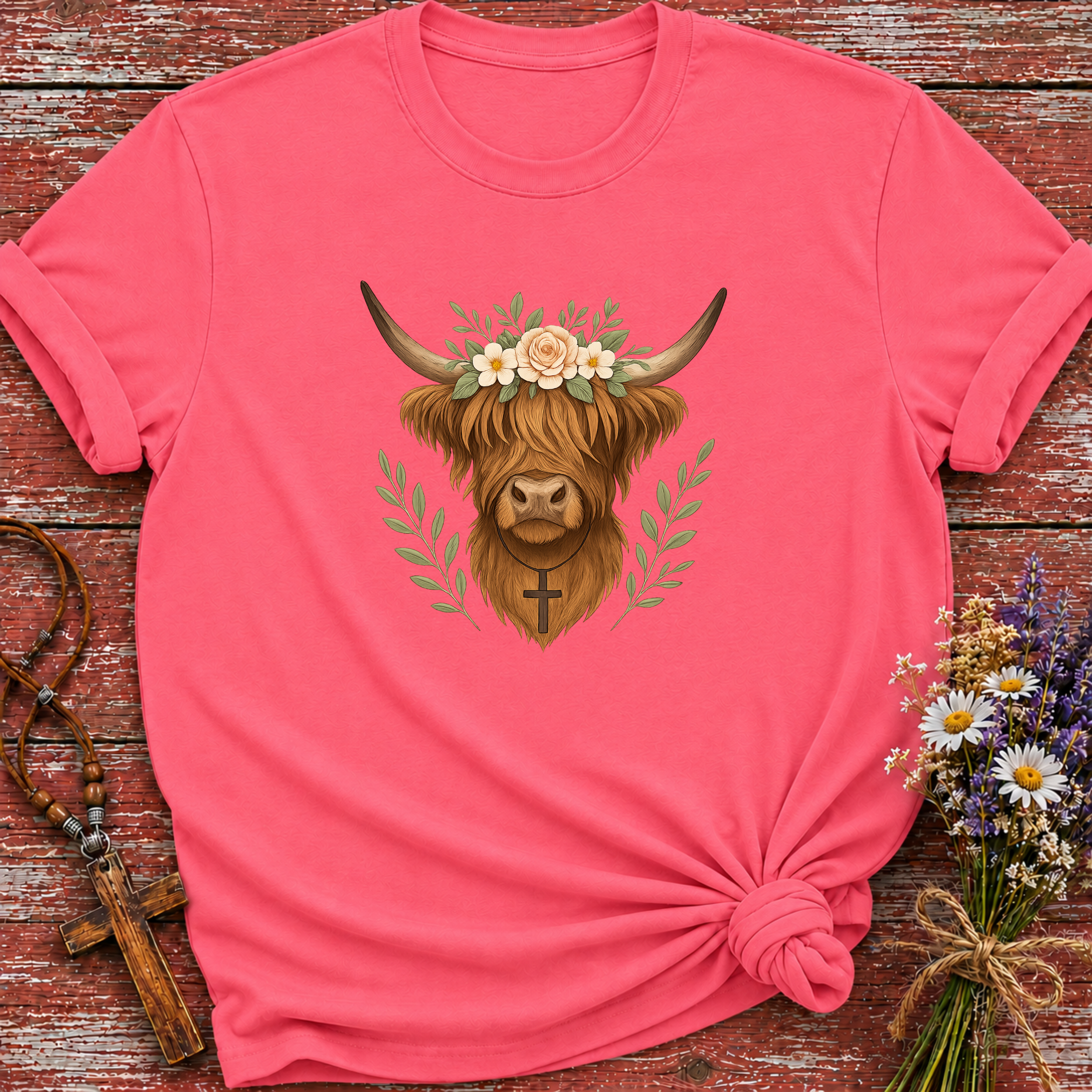 Highland Cow Cross Necklace T-Shirt