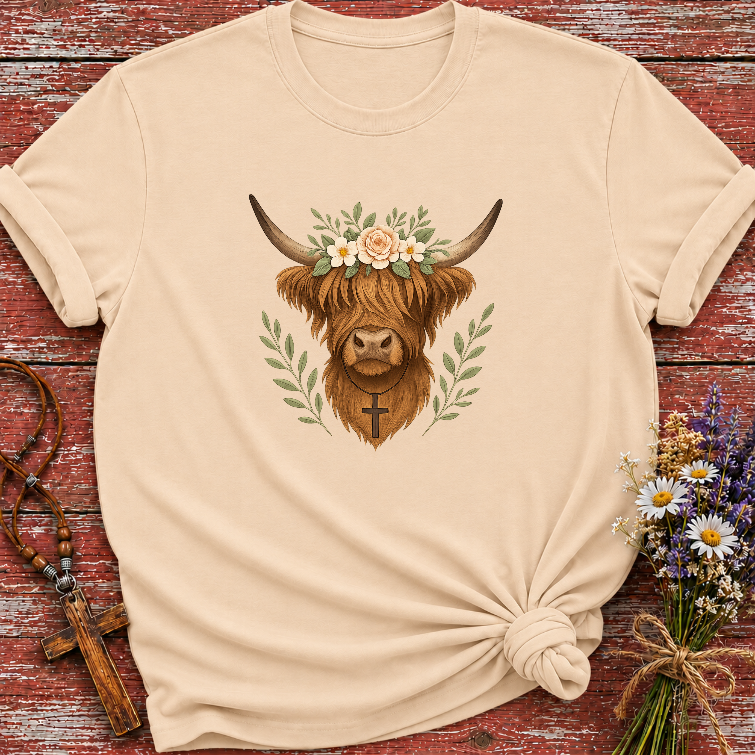 Highland Cow Cross Necklace T-Shirt