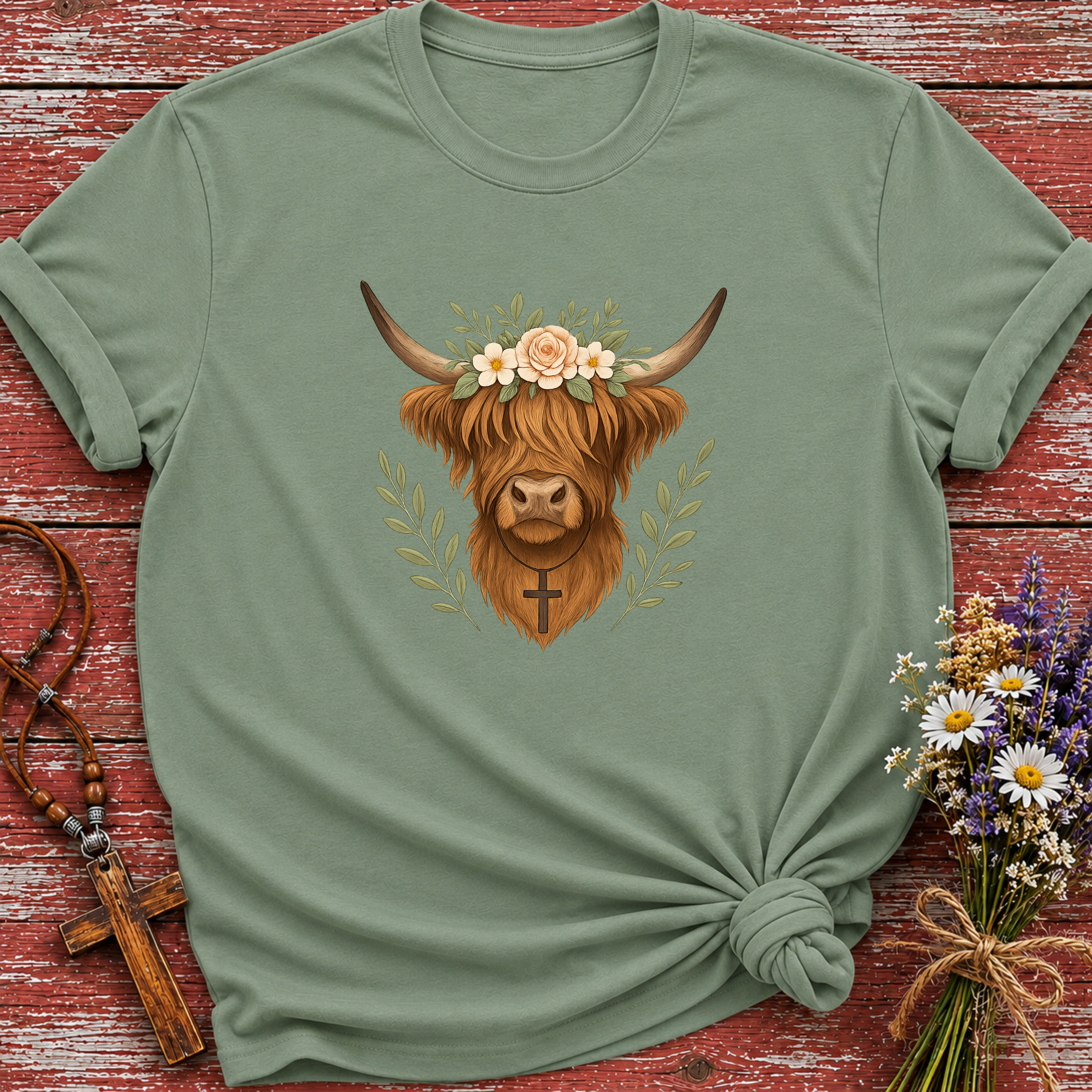 Highland Cow Cross Necklace T-Shirt