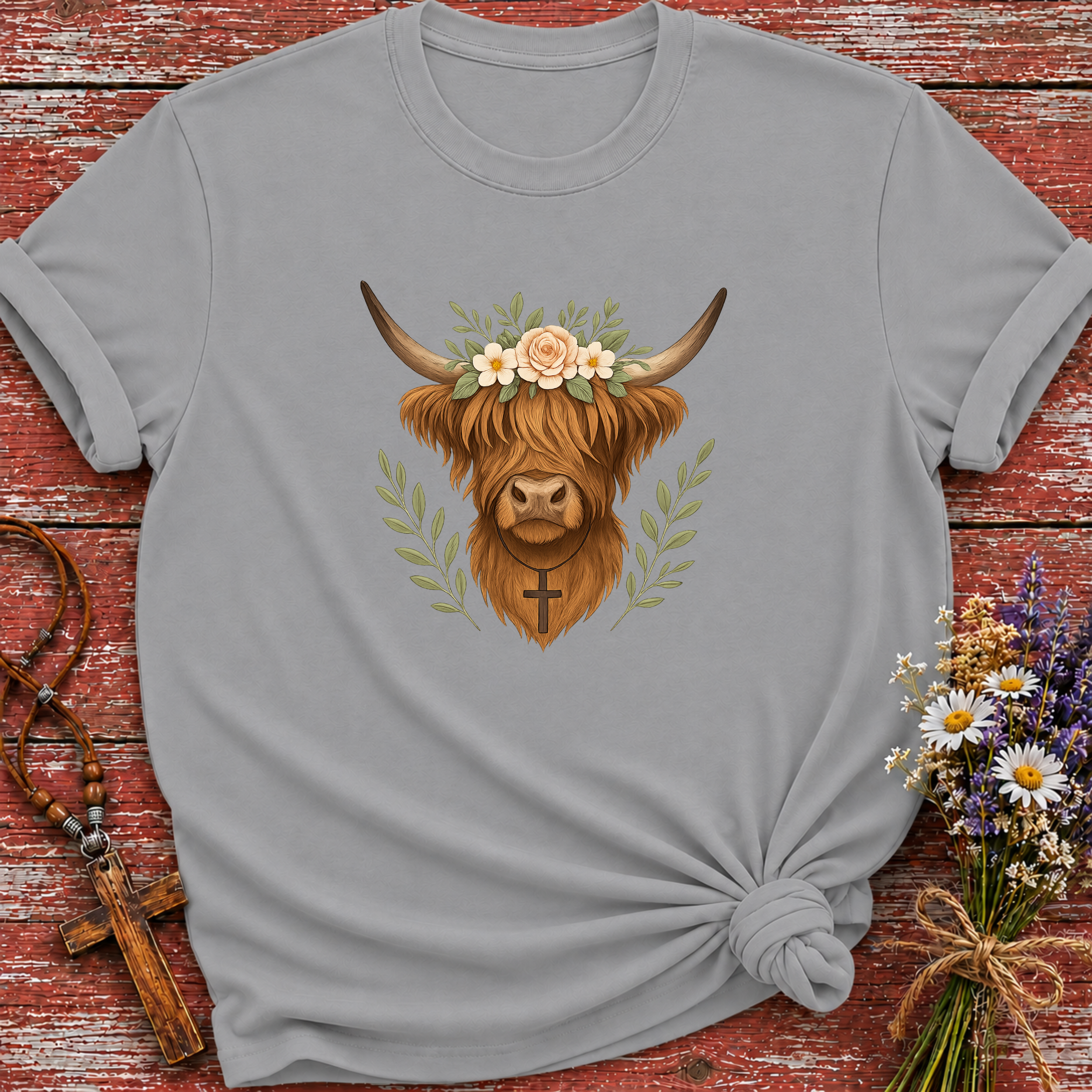 Highland Cow Cross Necklace T-Shirt