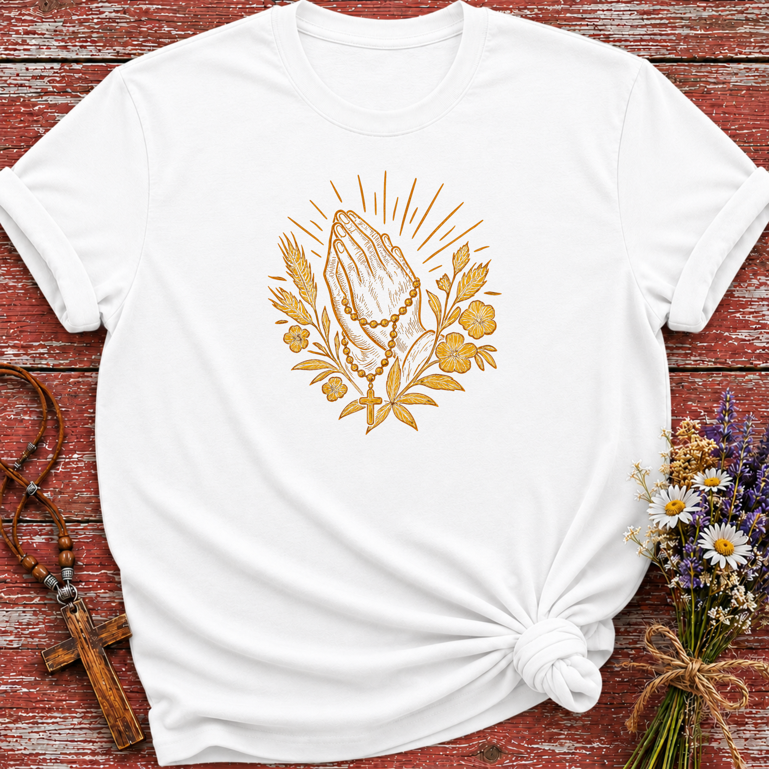 Prayer Hands With Rosary T-Shirt
